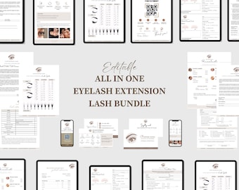 May include: A digital marketing kit for eyelash extension businesses. The kit includes a price list, client intake form, lash guide, business card, and social media templates. The text "Editable ALL IN ONE EYELASH EXTENSION LASH BUNDLE" is displayed in the center of the image.