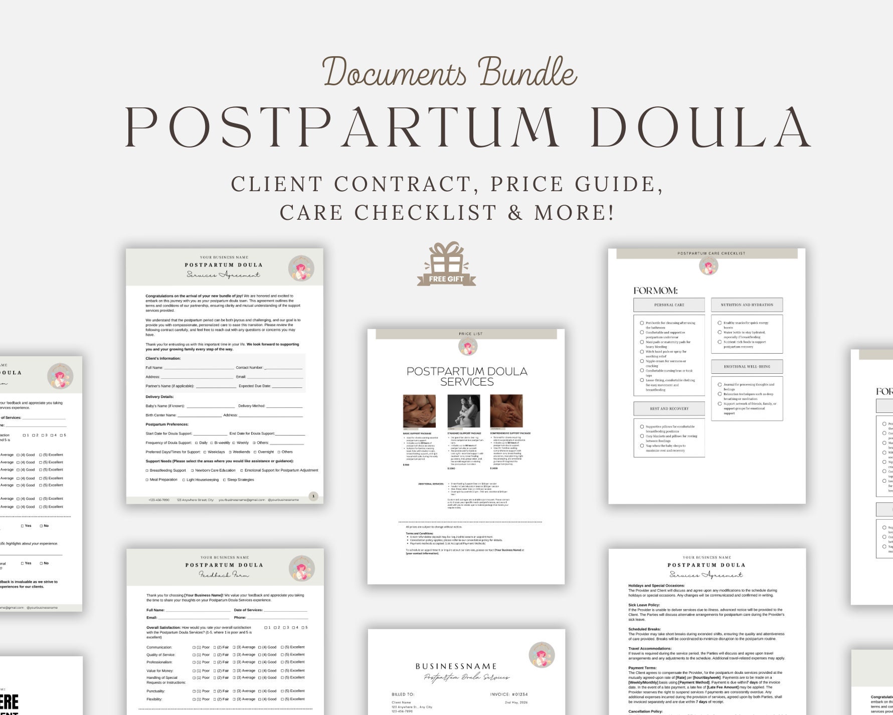 Postpartum Doula Intake Contract Template Care Package, Doula Business Templates Services,  New Client Handouts, Doula Paperwork