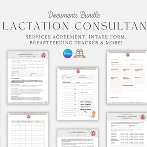 Puede incluir: Un conjunto de documentos imprimibles para una consultora de lactancia, que incluye un acuerdo de servicios, un formulario de admisión y un rastreador de lactancia. Los documentos están dispuestos sobre un fondo claro con el texto "Documents Bundle LACTATION CONSULTANT".
