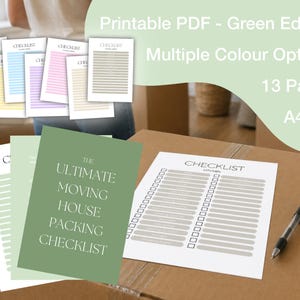 Könnte beinhalten: Eine Sammlung druckbarer Checklisten in verschiedenen Pastellfarben, darunter Grün, Blau und Rosa. Der Text auf der grünen Checkliste lautet "THE ULTIMATE MOVING HOUSE PACKING CHECKLIST." Das Bild enthält auch den Text "Printable PDF - Green Edition" und "Multiple Colour Options."