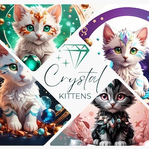 Crystal Kittens Bundle | 35 Mystical Felines with Crystals & Gemstones | High-Resolution 300 DPI | Enchanting Nursery Decor and Invitations