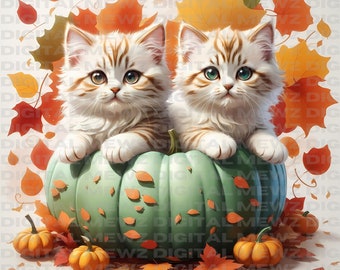 Könnte beinhalten: Zwei weiße und braune Tabby-Kätzchen sitzen in einem grünen Kürbis. Der Kürbis ist von orangefarbenen und roten Herbstblättern umgeben.