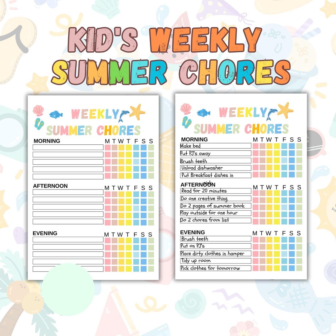Kids Summer Chore Chart-routine Chart for Kids- Weekly Responsibility ...