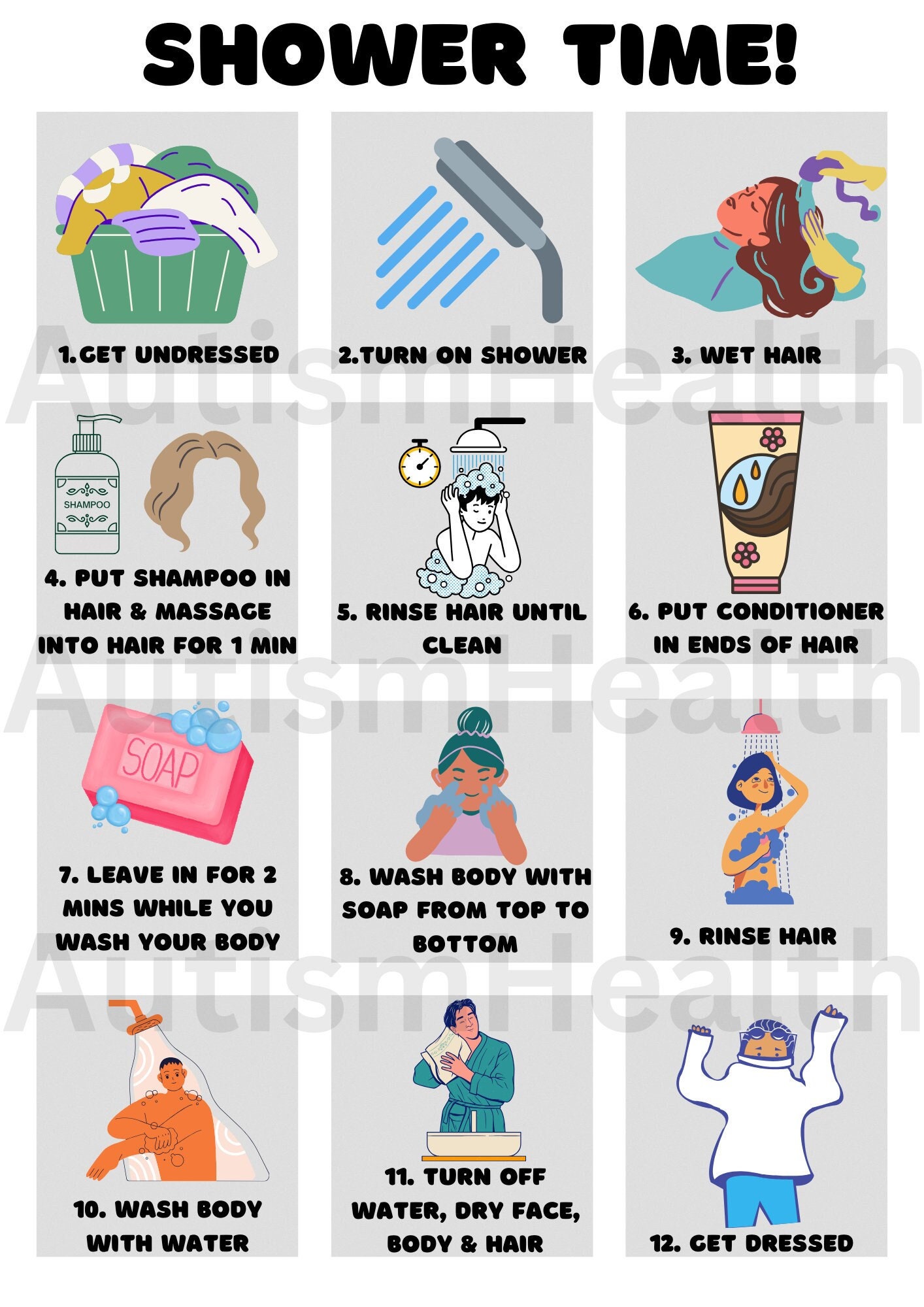 Shower routine chart visual aid for kids with autism or adhd etsy