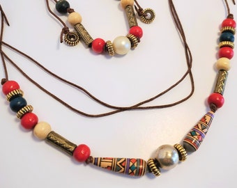 Beaded Necklace Bracelet Set, Bright, Muted Red, Blue, Gold, Jewelry Gift Women, Boho, Hippie, Aztec Theme, Statement Set, Canada