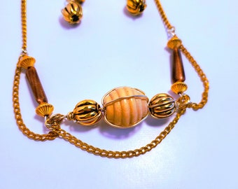 Beaded Necklace Earring Set, Handmade, Unique,  Golden, Chain, Metal Honey Pot, Beaded Jewelry Gift For Women