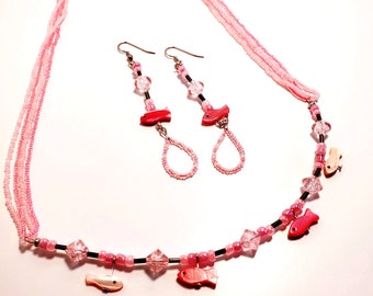 Pink Fish Fantasy Beaded Necklace Earring Set Beaded Jewelry Gift For Women Handmade Unique