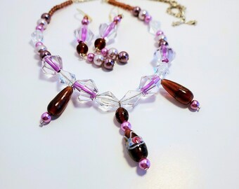 Beaded Necklace Earring Set Handmade, Purples, Silver, Statement Piece, Lampwork, Beaded Jewelry Gift For Women, Unique, Plum Princess