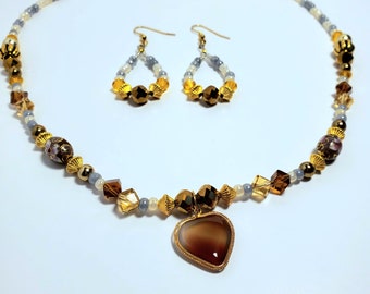 Beaded Necklace Earring Set, Heart Pendant, Golden, Grey, Jewelry Gift For Women, Handmade, Unique, Dust Off My Heart