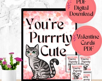 Printable Valentine Cat You're Purrrty Cute Digital Download Poster Letter Card Sizes Hearts Kids Pink