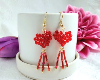 Valentines Day Heart Seed Bead Golden Dangle Earrings Beaded Jewelry Gift For Women Handmade