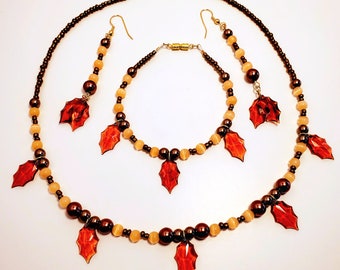 Fall into Beauty Leaf Necklace Bracelet Earrings Set Beaded Jewelry Gift For Women Handmade Unique