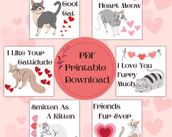 Printable Valentine Cat Cards Digital Download US Letter Card Sizes Hearts Kids Pink 6 Per Page