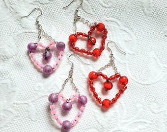 Valentines Day Heart 4 Bead Dangle Earrings Beaded Jewelry Gift For Women Handmade