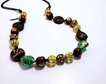 Adjustable Beaded Necklace, Black, Gold, Green Glass Lampwork, Slip Knot, Jewelry Gift For Women Handmade, Treasure of Envy, Unique, Layer