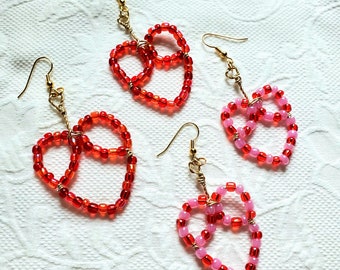 Valentines Day Heart Large Seed Bead Golden Dangle Earrings Beaded Jewelry Gift For Women Handmade