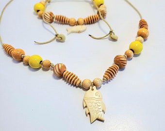 Beaded Necklace Bracelet Set, Boho, Yellow, Wood, Adjustable, Jewelry Gift For Women, Men Gift, Handmade, Unique, Sunny Sandy Fishing