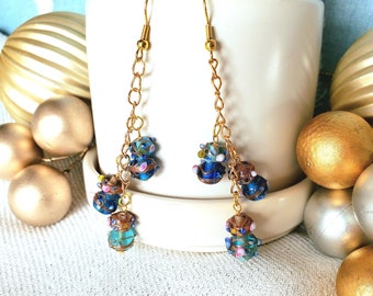 Lampwork Bead Dangle Blue Gold Earrings Beaded Jewelry Gift For Women Handmade