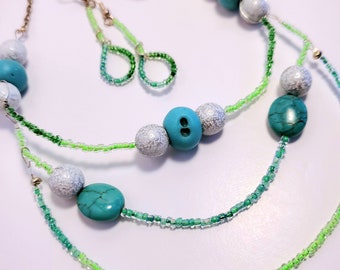 Beaded Necklace Earring Set, Blue, Green, Silver, Gradient, Layers, Delicate, Jewelry Gift For Women, Handmade, Unique, Seafoam Delight