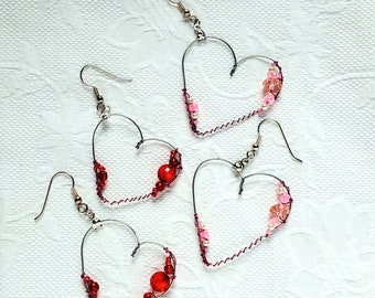 Valentines Day Heart Large Wire Wrap Bead Dangle Earrings Beaded Jewelry Gift For Women Handmade