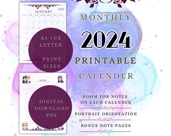 Printable Calendar 2024: Purple Simple Bold Floral Design, DIY Wall Calendar, Digital Download for Easy, Portrait 12-14 Pages