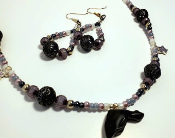 Beaded Necklace Earring Set, Dolphin, Purple, Black, Silver, Jewelry Gift For Women, Handmade, Unique, Star Light Dolphin, Canada