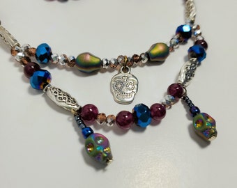 Beaded Necklace Earring Set, Skulls, Mini Glass Beads, Purple, Silver. Beaded Jewelry Gift Women, Day of Delight