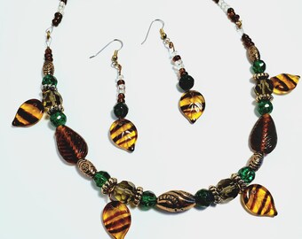Beaded Necklace Earrings Set, Fall, Leaves, Glass Beaded Jewelry Gift For Women Handmade, Unique, Brown, Green, I Fall For You