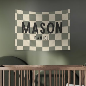 Checkered Name Sign Nursery Kids Room Name Flag Custom Boy Nursery decor Name Banner Wall Decor Baby Brother Room Decor Gift Idea for Boys