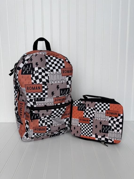Boy Backpack Back to School Gift Idea Boy Name Backpack Lighting Bolt Checkered Print Backpack Custom School Bag Personalized Kids Backpack