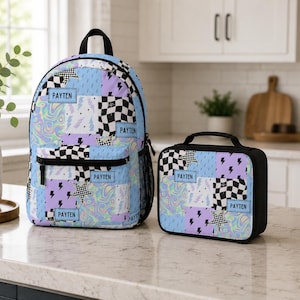 Pastel checkered backpack featuring a customizable name and modern colorful design. Durable everyday bag perfect for school, travel, sleepovers, and extracurricular activities. Comfortable backpack for kids and teens who love trendy, personalized accessories.