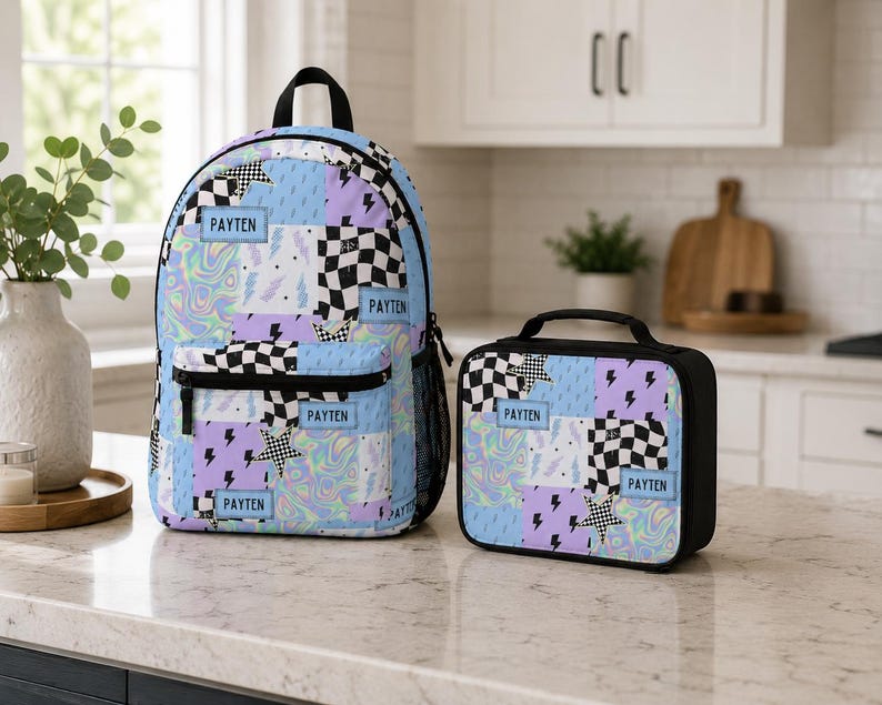 Pastel checkered backpack featuring a customizable name and modern colorful design. Durable everyday bag perfect for school, travel, sleepovers, and extracurricular activities. Comfortable backpack for kids and teens who love trendy, personalized accessories.