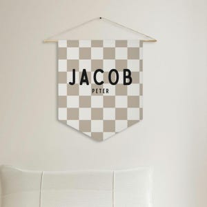 Checkered Name Sign Nursery Kids Room Name Flag Custom Boy Nursery decor Name Banner Wall Decor Baby Brother Room Decor Gift Idea for Boys