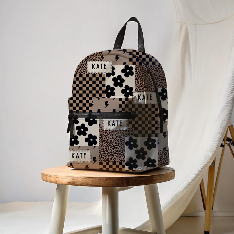 Custom girl backpack with leopard checkered print, personalized with name for a unique touch. This girl name backpack is a fun teen gift idea, perfect for back to school or everyday use. Personalized kids backpack with cheetah design for stylish school bag flair. Great for students who love animal prints.