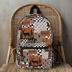 Boy Backpack Back to School Gift Idea Boy Name Backpack Deer Hunting Backpack Custom School Bag Personalized Kids Backpack Checkered Print