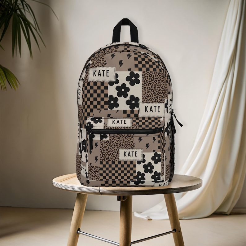 Custom girl backpack with leopard checkered print, personalized with name for a unique touch. This girl name backpack is a fun teen gift idea, perfect for back to school or everyday use. Personalized kids backpack with cheetah design for stylish school bag flair. Great for students who love animal prints.