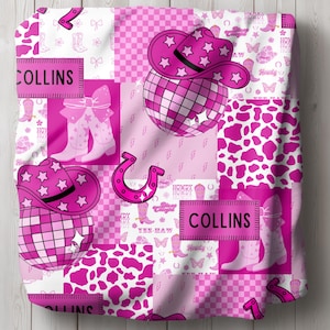 May include: Pink patchwork design featuring cowboy hats, disco balls, boots, horseshoes, and cow print. The word "COLLINS" is displayed on two rectangular patches. The overall theme is a cowgirl aesthetic.