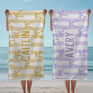 Custom name coquette bow beach towel in a stylish design, perfect for girls, teens, and kids. A personalized pool towel ideal for spring break, vacations, and bachelorette gifts. This trendy custom color towel makes a great gift idea for any occasion.