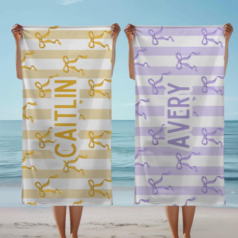 Custom name coquette bow beach towel in a stylish design, perfect for girls, teens, and kids. A personalized pool towel ideal for spring break, vacations, and bachelorette gifts. This trendy custom color towel makes a great gift idea for any occasion.