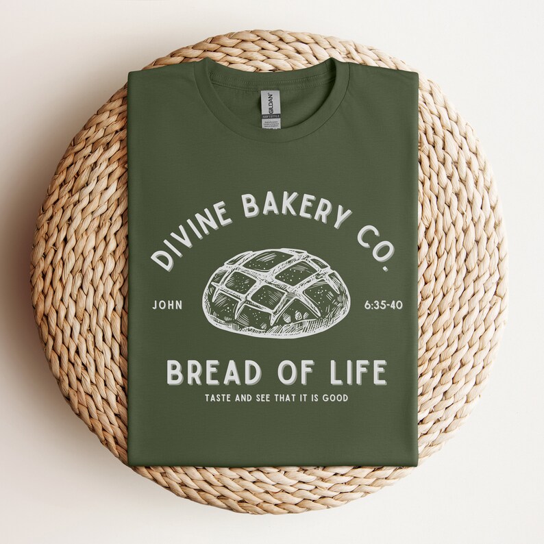 Faith-based sourdough t-shirt with a Bible verse, perfect for a birthday gift for her or a sourdough-themed gift for a friend. This Christian baking shirt is a great sourdough gift for bread lovers who enjoy faith-inspired apparel and scripture-based designs.