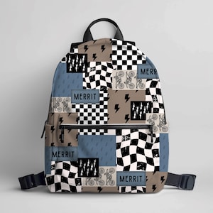 Boy Backpack Back to School Gift Idea Boy Name Backpack Lightning Bolt Checkered Print Backpack Custom School Bag Personalized Kids Backpack featuring custom name detail, bold lightning bolt, and trendy checkered print. This personalized kids backpack is perfect for back to school, daily adventures, or as a unique gift idea for boys. Make every school day extra special with this custom school bag for boys.
