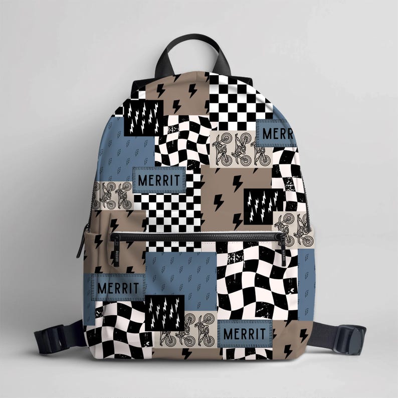 Boy Backpack Back to School Gift Idea Boy Name Backpack Lightning Bolt Checkered Print Backpack Custom School Bag Personalized Kids Backpack featuring custom name detail, bold lightning bolt, and trendy checkered print. This personalized kids backpack is perfect for back to school, daily adventures, or as a unique gift idea for boys. Make every school day extra special with this custom school bag for boys.