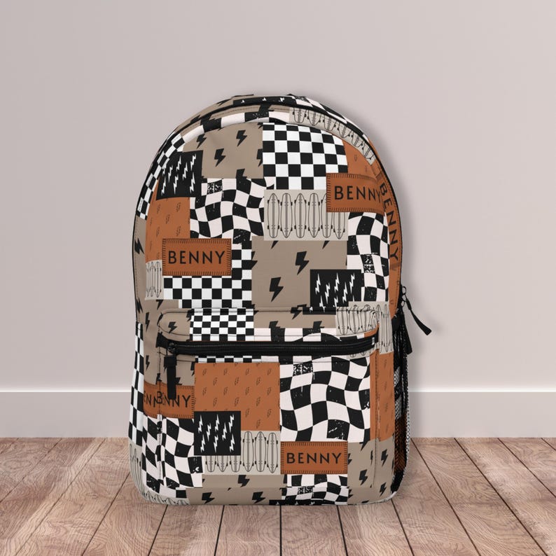 Boy Backpack Back to School Gift Idea Boy Name Backpack Lightning Bolt Checkered Print Backpack Custom School Bag Personalized Kids Backpack featuring custom name detail, bold lightning bolt, and trendy checkered print. This personalized kids backpack is perfect for back to school, daily adventures, or as a unique gift idea for boys. Make every school day extra special with this custom school bag for boys.