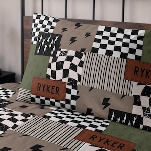 Fronha personalizada com nome para menino, fronha infantil estilosa com estampa de raio, decoração para quarto de menino, presente para adolescente, conjunto de edredom combinando para menino.
