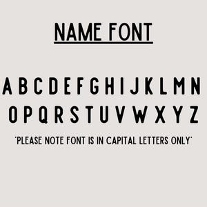 May include: A black and white image of a font style called "NAME FONT". The alphabet is displayed in all capital letters. The text "PLEASE NOTE FONT IS IN CAPITAL LETTERS ONLY" is also included.