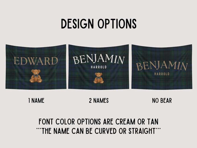 3 design options, 1 name, 2 names, and name only no teddy bear