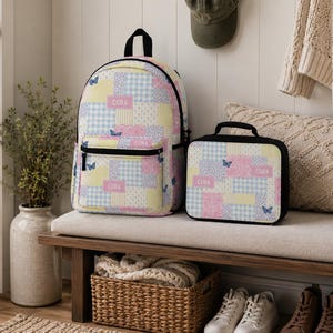Patchwork style backpack featuring soft pastel patterns and customizable name detail. Durable everyday bag perfect for school, travel, sleepovers, and daily adventures. Trendy design for kids and teens who love colorful, feminine, vintage inspired accessories.
