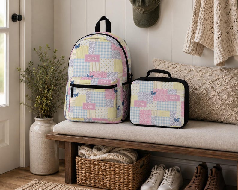 Patchwork style backpack featuring soft pastel patterns and customizable name detail. Durable everyday bag perfect for school, travel, sleepovers, and daily adventures. Trendy design for kids and teens who love colorful, feminine, vintage inspired accessories.