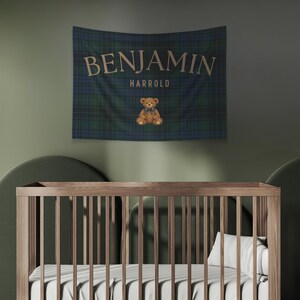 Polo bear name banner featuring a personalized name with a vintage polo teddy design. This preppy bear nursery decor doubles as a plaid name sign and polo bear nursery decor for a classic boy nursery or toddler room. Perfect as a boy name sign and vintage polo teddy nursery baby gift, this custom banner adds timeless charm to baby rooms, preppy nurseries, and traditional nursery decor themes.