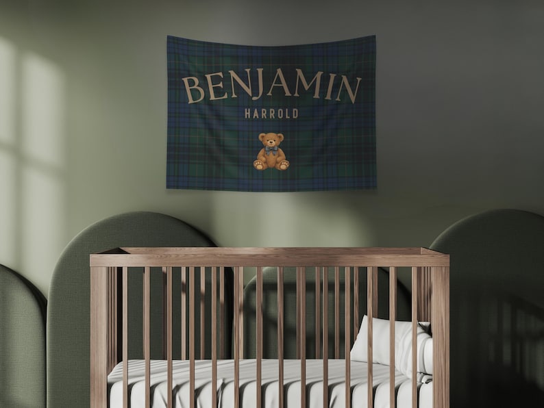 Polo bear name banner featuring a personalized name with a vintage polo teddy design. This preppy bear nursery decor doubles as a plaid name sign and polo bear nursery decor for a classic boy nursery or toddler room. Perfect as a boy name sign and vintage polo teddy nursery baby gift, this custom banner adds timeless charm to baby rooms, preppy nurseries, and traditional nursery decor themes.